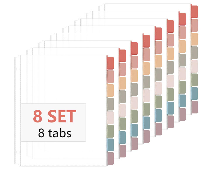 8 Set of 64 Pack Clear Binder Sheet Protectors for 3 Ring Binder Plastic Page Protector with 8 Tabs,Insertable Index Page Divider 8.5x11 Inch(Vintage