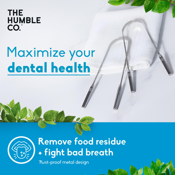 The Humble Co Tongue Scraper for Adults & Kids, 2 Pack - 100% Stainless Steel Tongue Cleaner Helps Eliminate Bad Breath & Bacteria - Dental Oral Care