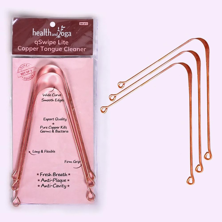 HealthAndYoga qSwipe Lite Copper Tongue Cleaners (Pack of 3)  Prevents Bad breath, Improves taste- Flexible, Curved ends provide good grip  Comple