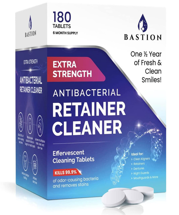 Retainer Cleaner & Denture Cleanser - 180 Effervescent Tablets 6 Month Supply Removes Stains, Discoloration, Odors, Plaque Clear Aligners, Mouth Nigh