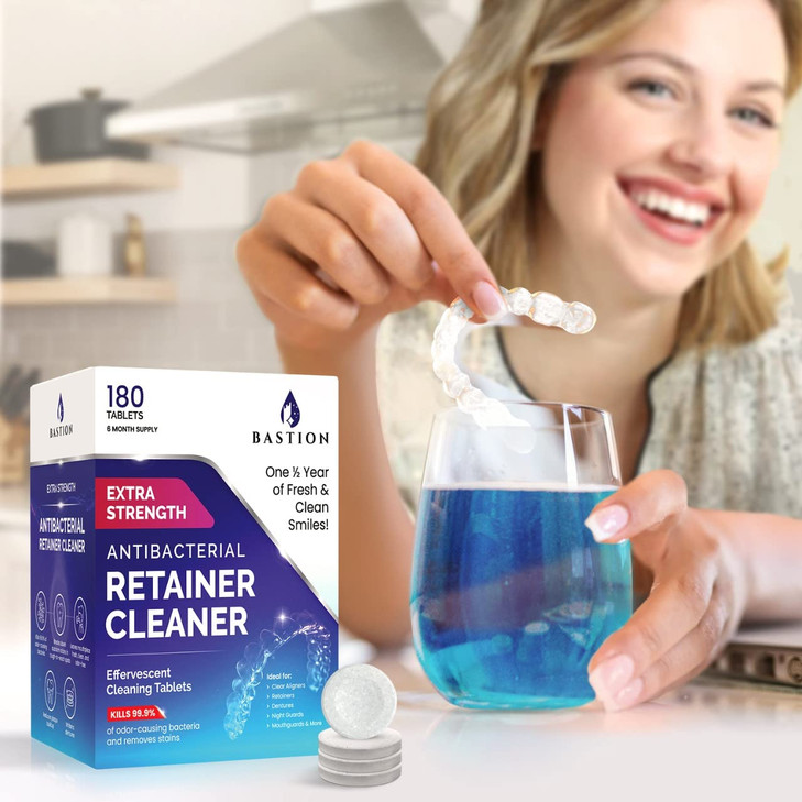 Retainer Cleaner & Denture Cleanser - 180 Effervescent Tablets 6 Month Supply Removes Stains, Discoloration, Odors, Plaque Clear Aligners, Mouth Nigh