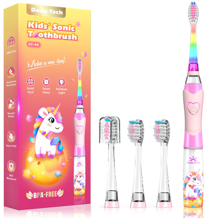 Kids Electric Toothbrush Toddler Toothbrush Age 2-4-8-12 Electric Toothbrush Kids with Timer Rainbow LED Light Up Vibrating Toothbrush Battery Operat