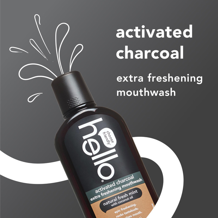 Hello Activated Charcoal Extra Freshening Mouthwash, Natural Fresh Mint and Coconut Oil, Fluoride Free, Alcohol Free, Vegan, SLS Free and Gluten Free