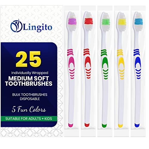 Lingito 25 Bulk Toothbrushes | Individually Wrapped | Manual Disposable Travel Toothbrush Set for Adults or Kids | Made with a Medium-Soft Large Head