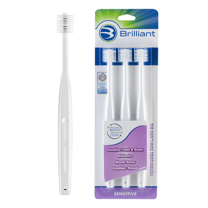 Brilliant Oral Care Adult Sensitive Toothbrush with Extra Soft Bristles, Round Head, and Gentle All-Around Clean for Tender Teeth and Gums, White, 3