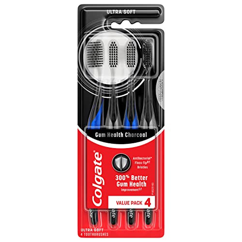 Colgate Gum Health Charcoal Toothbrush with Ultra Soft Floss Tip Bristles, Extra Soft for Sensitive Gums and Teeth, 4 Pack