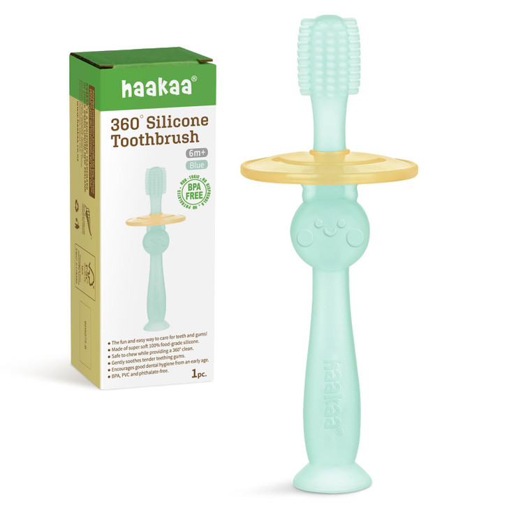 haakaa 360° Baby Toothbrush with Suction Base - Gentle Cleaning for Toddler's Self-Brushing Training, Food-Grade Silicone, Adjustable Safety Shield -