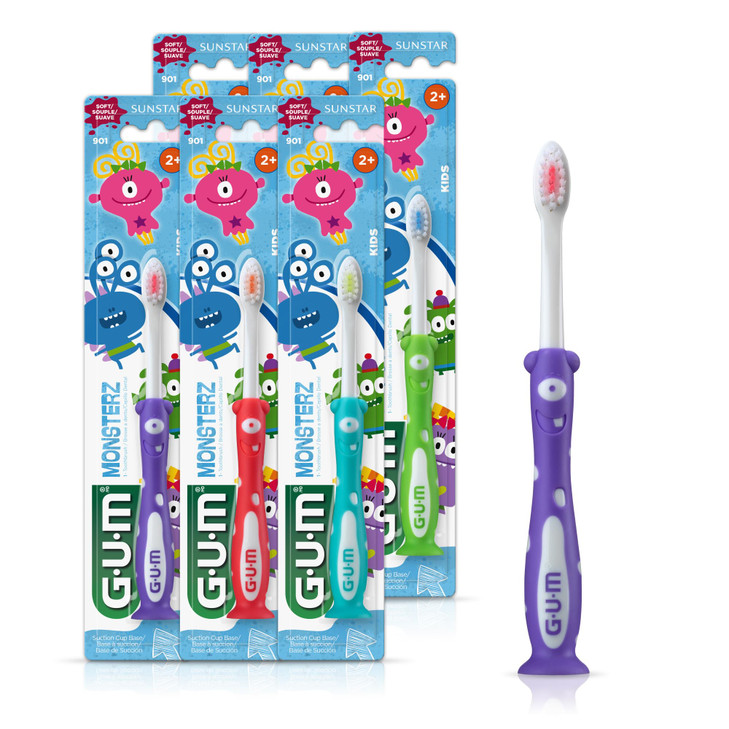 GUM Monsterz Children and Toddler Toothbrush, Soft Bristled Kids Toothbrush with Suction Cup, for Ages 2+, 1 Count(Pack of 6)