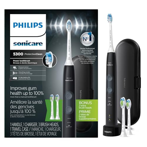 Philips Sonicare ProtectiveClean 5300 Rechargeable Electric Toothbrush, with Pressure Sensor, 3 Cleaning Modes, SmarTimer and QuadPacer, with 2 Bonus