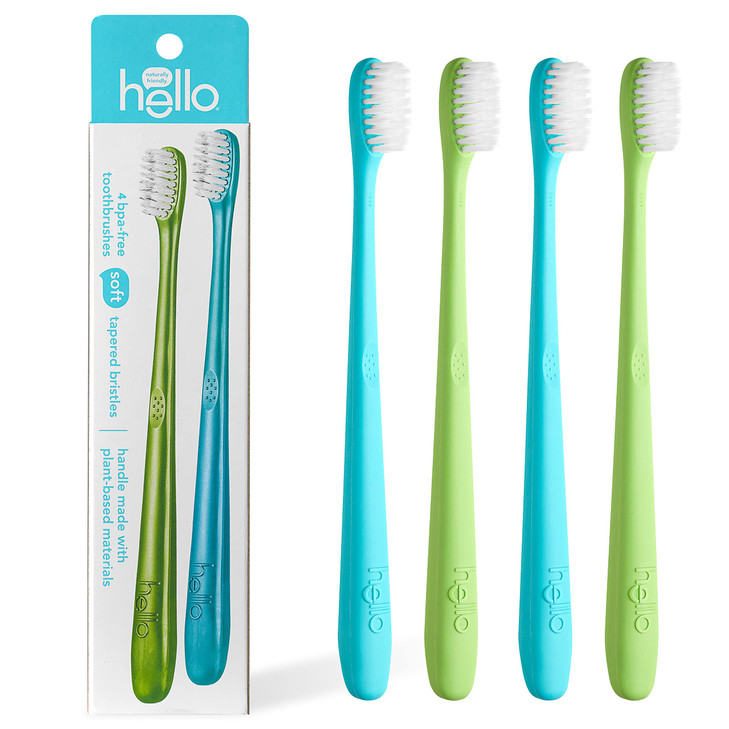 Hello Blue & Green Soft Toothbrush, BPA-Free, Made from Plant-Based Materials, 2 Count (Pack of 2)