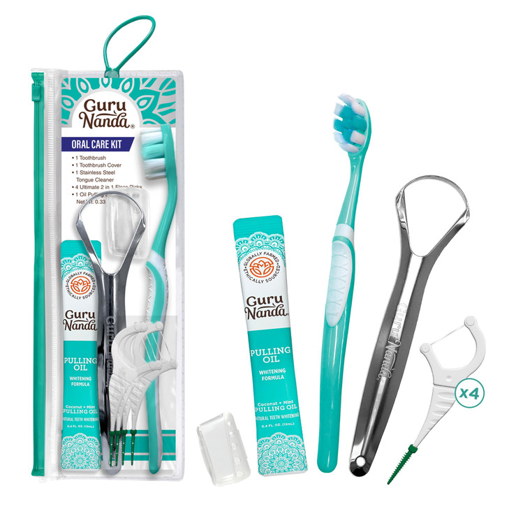 GuruNanda Travel-Friendly Oral Care Kit- 1 Butter on Gums Toothbrush, 1 Tongue Scraper, 4 Dual-Action Floss Picks, 1 Coconut & Mint Oil Pulling Sache