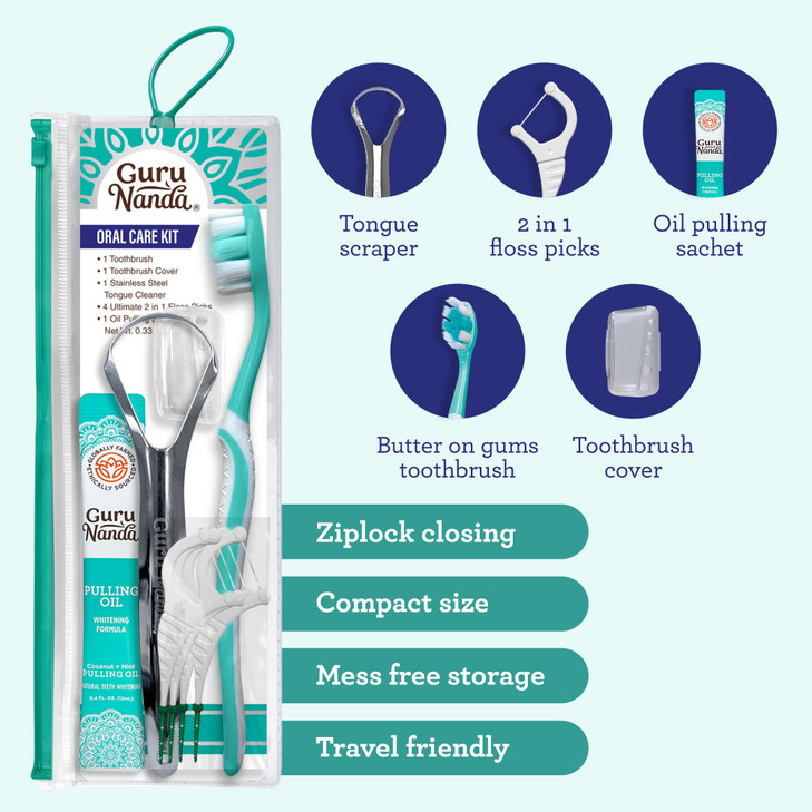 GuruNanda Travel-Friendly Oral Care Kit- 1 Butter on Gums Toothbrush, 1 Tongue Scraper, 4 Dual-Action Floss Picks, 1 Coconut & Mint Oil Pulling Sache