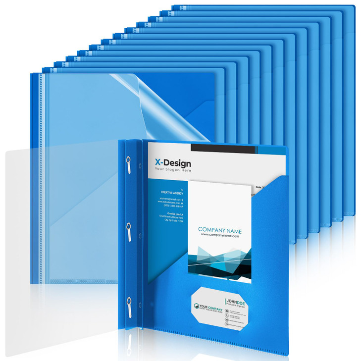 Teling 48 Pcs Clear Front Report Covers with 3 Prongs, Plastic Blue Presentation Folders Bulk with 3 Pockets for A4 and Letter Size Paper, 90 Sheet C