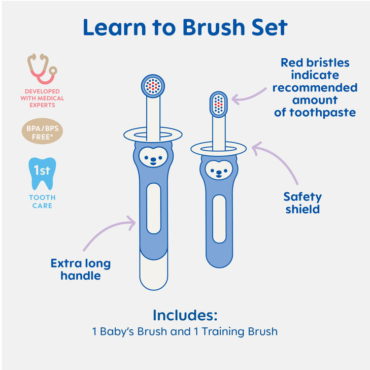 MAM Learn to Brush Set (1 Baby's Brush Toothbrush, 1 Training Brush, 1 Safety Shield), Baby Toothbrushes with Brushy The Bear, Interactive App, for G
