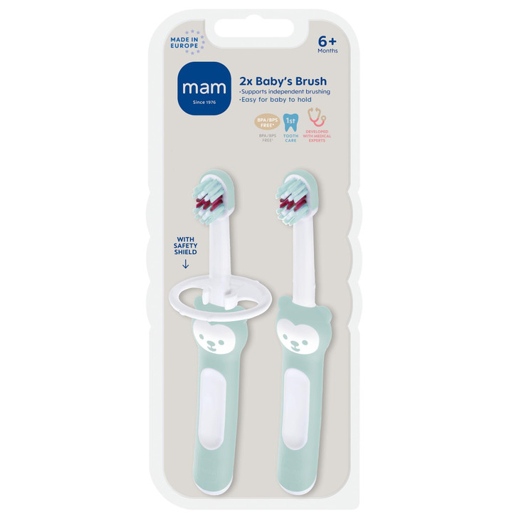 MAM Baby Toothbrushes (2 Baby's Brushes and 1 Safety Shield), Toothbrushes with Brushy The Bear Character, Interactive App, for Boys 6+ Months, Blue
