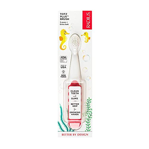 RADIUS Totz Plus Brush Kids Toothbrush Silky Soft BPA Free ADA Accepted Designed for Delicate Teeth & Gums for Children 3 Years & Up - WhiteCoral - P
