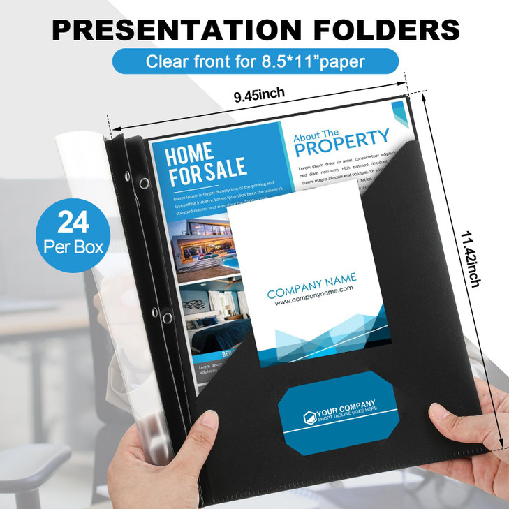 Teling 24 Pcs Clear Front Report Covers with 3 Prongs, Plastic Black Presentation Folders Bulk with 3 Pockets for A4 and Letter Size Paper, 90 Sheet