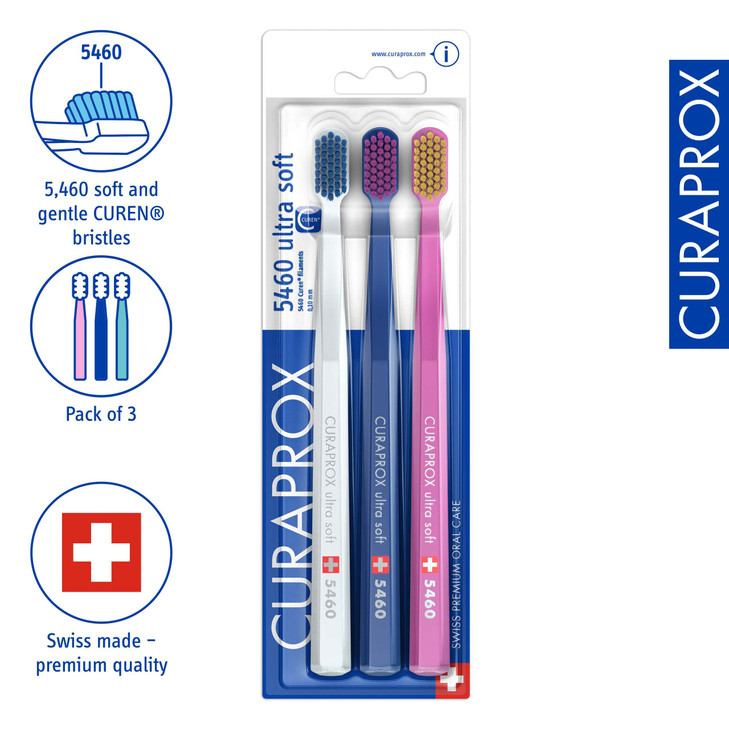 Curaprox Swiss 5460 Ultra Soft Toothbrush (3 Pack) 0.10 mm Assorted Colors