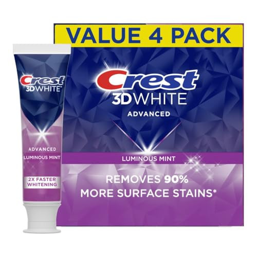 Crest 3D White Advanced Luminous Mint Teeth Whitening Toothpaste, Crest Toothpaste, 3.7 oz Pack of 4 - Helps Remove Surface Stains, Whitens Teeth, St
