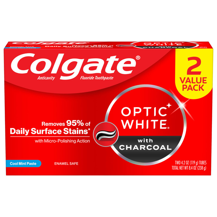 Colgate Optic White Whitening Toothpaste with Charcoal, Whitening with Charcoal Toothpaste Pack, Removes Daily Surface Stains, Enamel-Safe for Daily