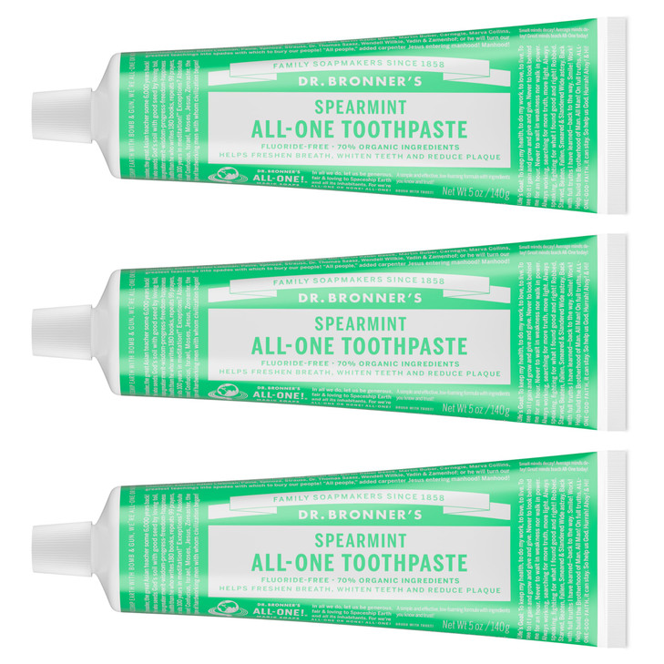 Dr. Bronners All-One Toothpaste Pack of 3 Spearmint, 5 oz Fluoride-Free Toothpaste for Adults, SLS-Free, 70% Organic & Natural Ingredients, Vegan,