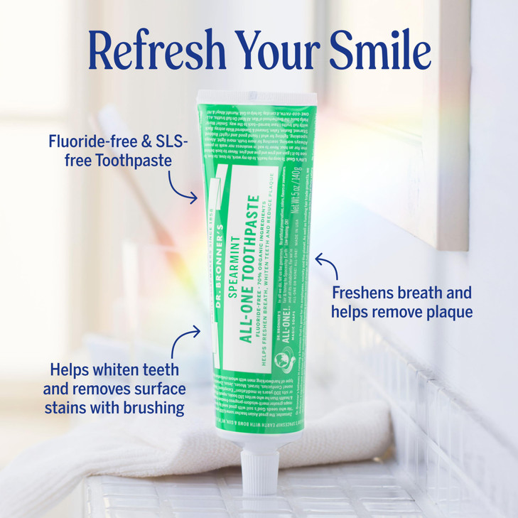 Dr. Bronners All-One Toothpaste Pack of 3 Spearmint, 5 oz Fluoride-Free Toothpaste for Adults, SLS-Free, 70% Organic & Natural Ingredients, Vegan,