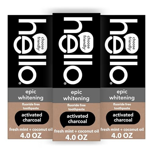 hello Epic Whitening Charcoal Fluoride Free Toothpaste, Activated Charcoal Toothpaste with Coconut Oil, Whitens Teeth Naturally, SLS Free, Fresh Mint