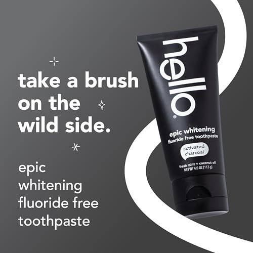 hello Epic Whitening Charcoal Fluoride Free Toothpaste, Activated Charcoal Toothpaste with Coconut Oil, Whitens Teeth Naturally, SLS Free, Fresh Mint