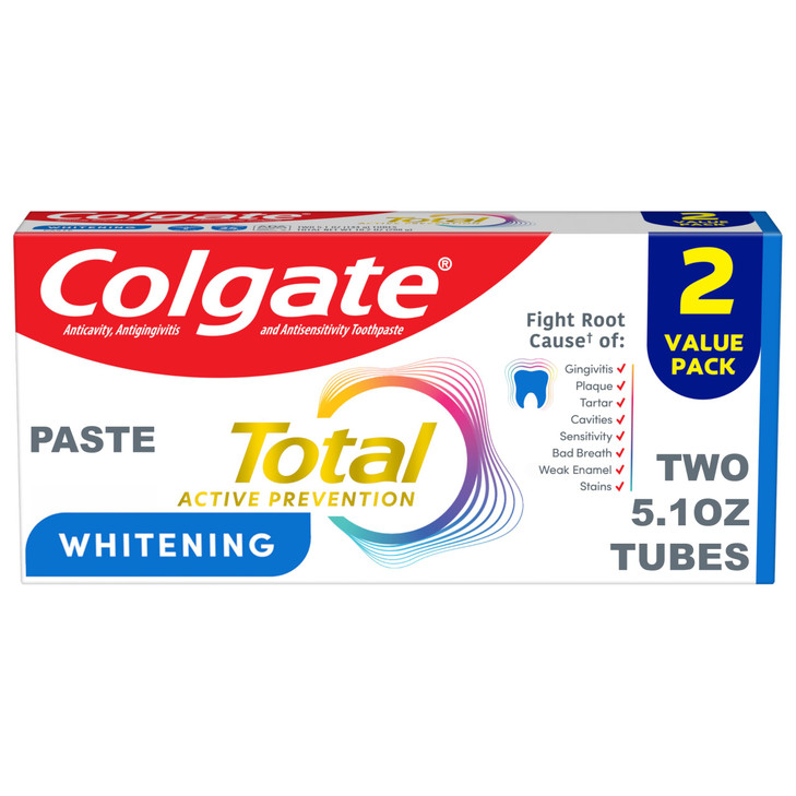 Colgate Total Whitening Toothpaste Paste, 5.1 oz, 2 Pack, Fluoride Antibacterial for Plaque, Gingivitis, Sensitivity, Stain Removal, Clinically Prove