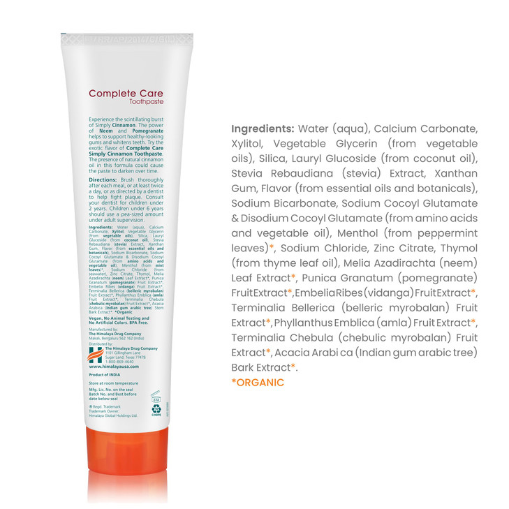 Himalaya Botanique Complete Care Toothpaste, Herbal, Cinnamon Flavor, Fights Plaque, Freshens Breath, Fluoride Free, No Artificial Flavors, SLS Free,