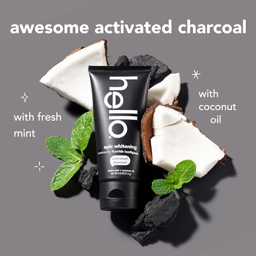 Hello Activated Charcoal Toothpaste, Fluoride Toothpaste with Activated Charcoal, Teeth Whitening Toothpaste with Fresh Mint and Coconut Oil, No SLS,