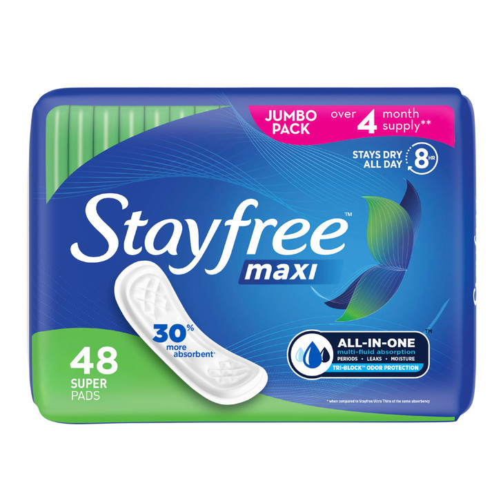 Stayfree Maxi Super Long Wingless Reliable Protection and Absorbency Pads For Women, 48 Count (Pack of 1)