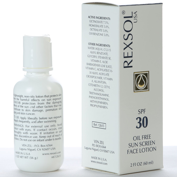REXSOL SPF 30 Oil-Free Sunscreen Face Lotion | Broad Spectrum UVA/UVB Protection with Vitamins C, E, and A | 60 ml / 2 fl oz