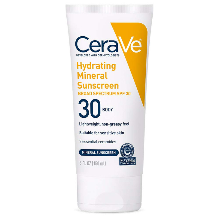 CeraVe 100% Mineral Sunscreen SPF 30 with Zinc Oxide & Titanium Dioxide, Hyaluronic Acid & Ceramides, Oil Free, Non-Greasy, Hydrating Mineral Sunscre