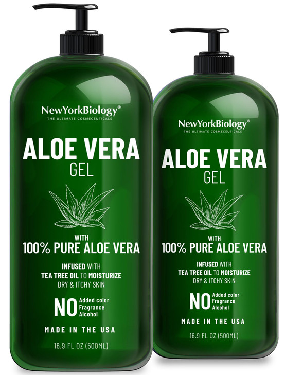 New York Biology Aloe Vera Gel for Face, Skin and Hair - Infused with Tea Tree Oil - From Fresh Aloe Vera Plant - Moisturizing Aloe Vera for Sunburn