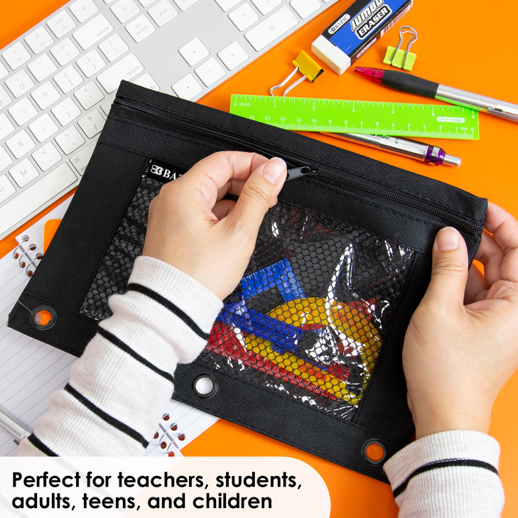 BAZIC Products Pencil Pouch 3 Ring Binder Pouch w/Rivet Enforced Rings Hole, Black Mesh Window Zipper Pouches, 24-Count