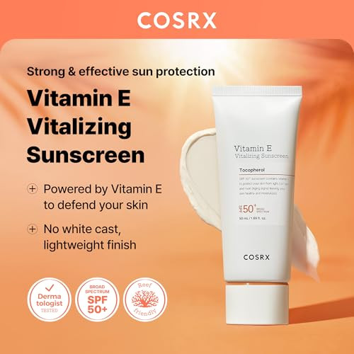 COSRX Vitamin E Vitalizing Face Sunscreen SPF 50, 1.69 fl oz, SPF Moisturizer, Lightweight under Makeup, Travel Essentials, Summer Essentials, Korean