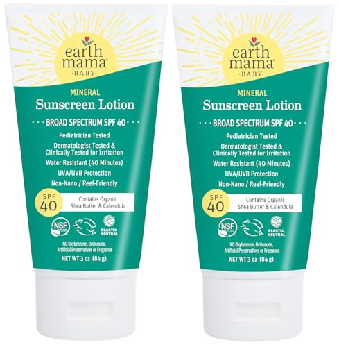 Earth Mama Baby Mineral Sunscreen Lotion SPF 40 | Non-Nano Zinc, Natural Water Resistant Sun Cream for Babies, Kids & Adults, 3-Ounce (2-Pack)