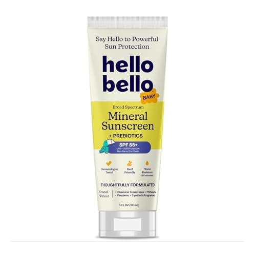 Hello Bello Mineral SPF 55 Sunscreen Lotion with Prebiotics, Water Resistant and Reef Friendly Sun Protection for Babies and Kids, 3 fl oz (Pack of 1