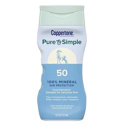 Coppertone Pure and Simple Zinc Oxide Mineral Sunscreen Lotion SPF 50, Water Resistant Sunscreen for Sensitive Skin, Hypoallergenic and Fragrance Fre