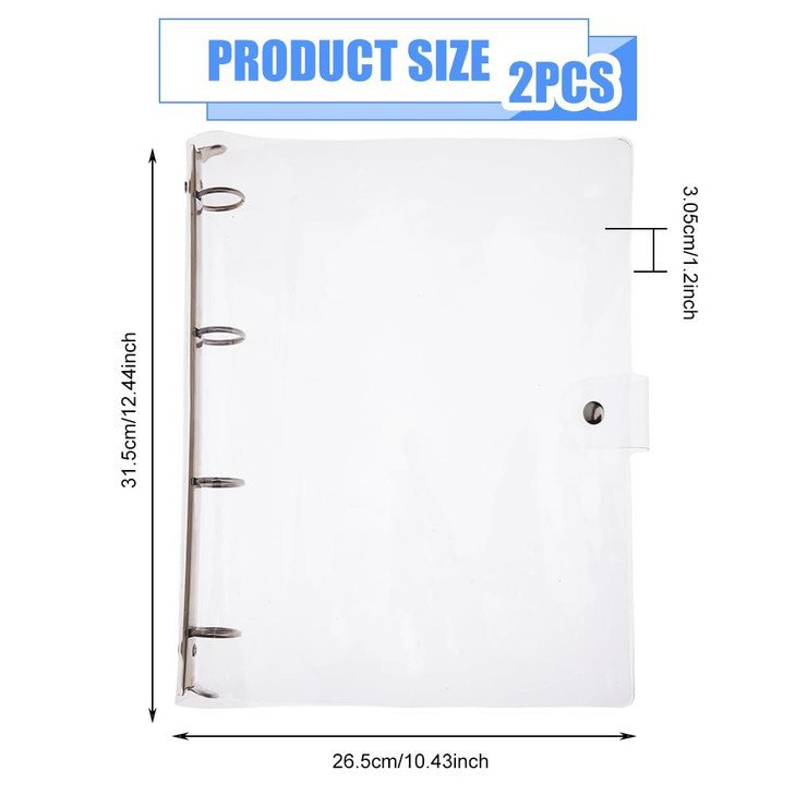 SUPERFINDINGS 2PCS Clear A4 Notebook Binder PVC Plastic Binder Covers 4 Rings Loose Leaf Binder 12.4x10.4x1.18inch Planner Binder Round Ring Clear Bi