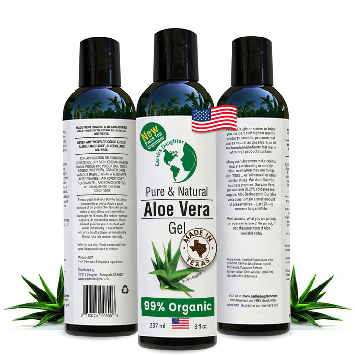 Earth's Daughter Organic Aloe Vera Gel from Fresh Cut 100% Pure Organic Aloe leaves  Fast Absorbing for Face, Skin, Hair & Body  Vegan, Unscented,
