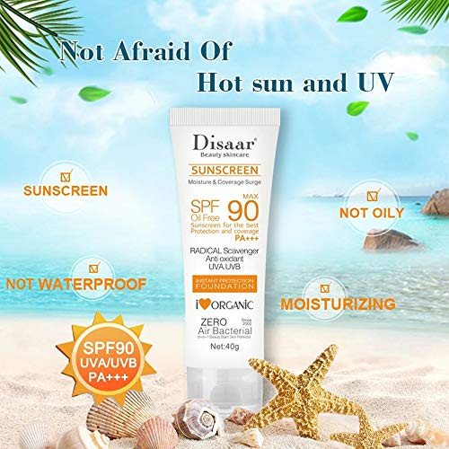 DISAAR BEAUTY Sunscreen SPF 90 PA+++, High Protection Oil-Free Sunblock with UVA/UVB Defense, Moisturizing and Lightweight Foundation Coverage, 40g (