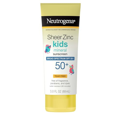 Neutrogena Sheer Zinc Oxide Kids Mineral Sunscreen Lotion, Broad Spectrum SPF 50+ with UVA/UVB Protection, Water-Resistant for 80 Minutes, Paraben-,