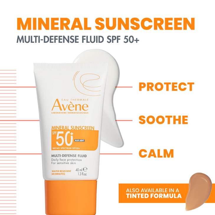 Avène Mineral Sunscreen Multi-Defense Fluid SPF 50+, Clean Formula Sunscreen for Sensitive Skin, Sheer, Water Resistant, Non-Whitening, Antioxidant P