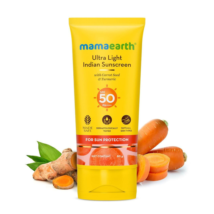 Mamaearth Ultra Light SPF 50 Sunscreen with PA++++ | Gives Broad Spectrum Protection | Moisturizes with Turmeric & Carrot Seed | Lightweight & Long L