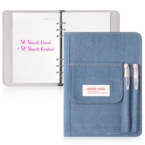 Toplive A5 Denim Notebook Binder, A5 Refillable 6 Ring Binder Cover with 100 Sheets Filler Paper, Y2K Personal Journal Notebook for Girls School Coll