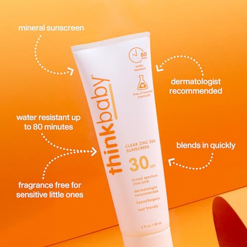 Thinkbaby SPF 30 Mineral Baby Sunscreen, Clear Zinc Oxide, 3 fl oz  Natural, Water Resistant, Kids & Toddler Sun Protection, Reef Safe