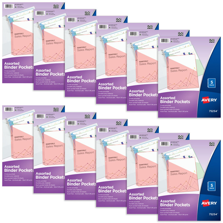 Avery Binder Pockets for 3 Ring Binders, Assorted Colors, for 8.5" x 11" Documents, Acid-Free and Archival-Safe, 5 Folders per Pack, 60 Total (12 Pac