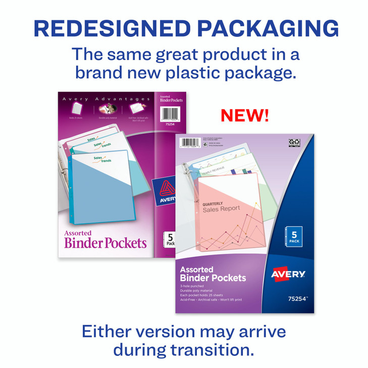 Avery Binder Pockets for 3 Ring Binders, Assorted Colors, for 8.5" x 11" Documents, Acid-Free and Archival-Safe, 5 Folders per Pack, 60 Total (12 Pac